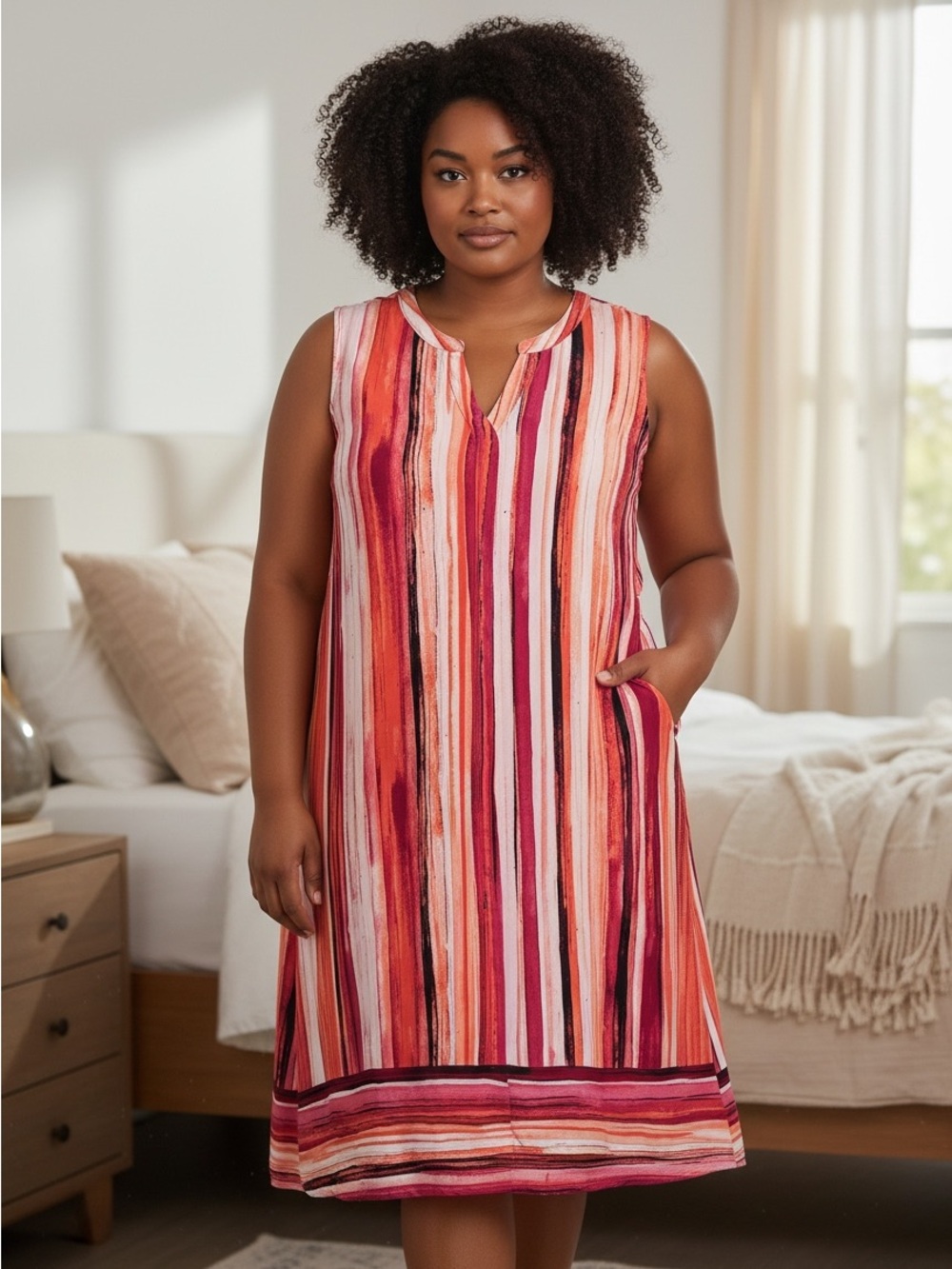Apt. 9 Striped Sleeveless Midi Dress in Pink, Red & Orange Tones